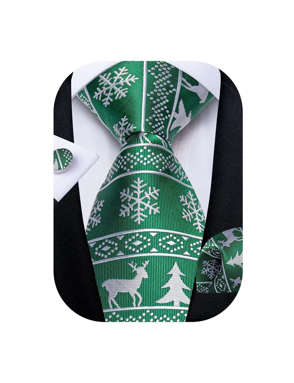 4041 Christmas Green Tie and Pocket Square Cufflinks Festival Snowflake